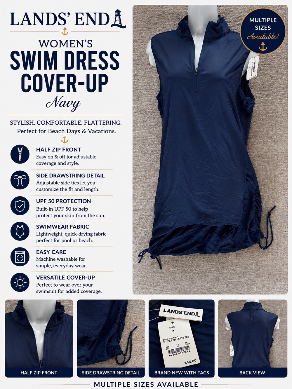 Lands' End Navy Women's Swim Dress Cover-Up with Drawstring